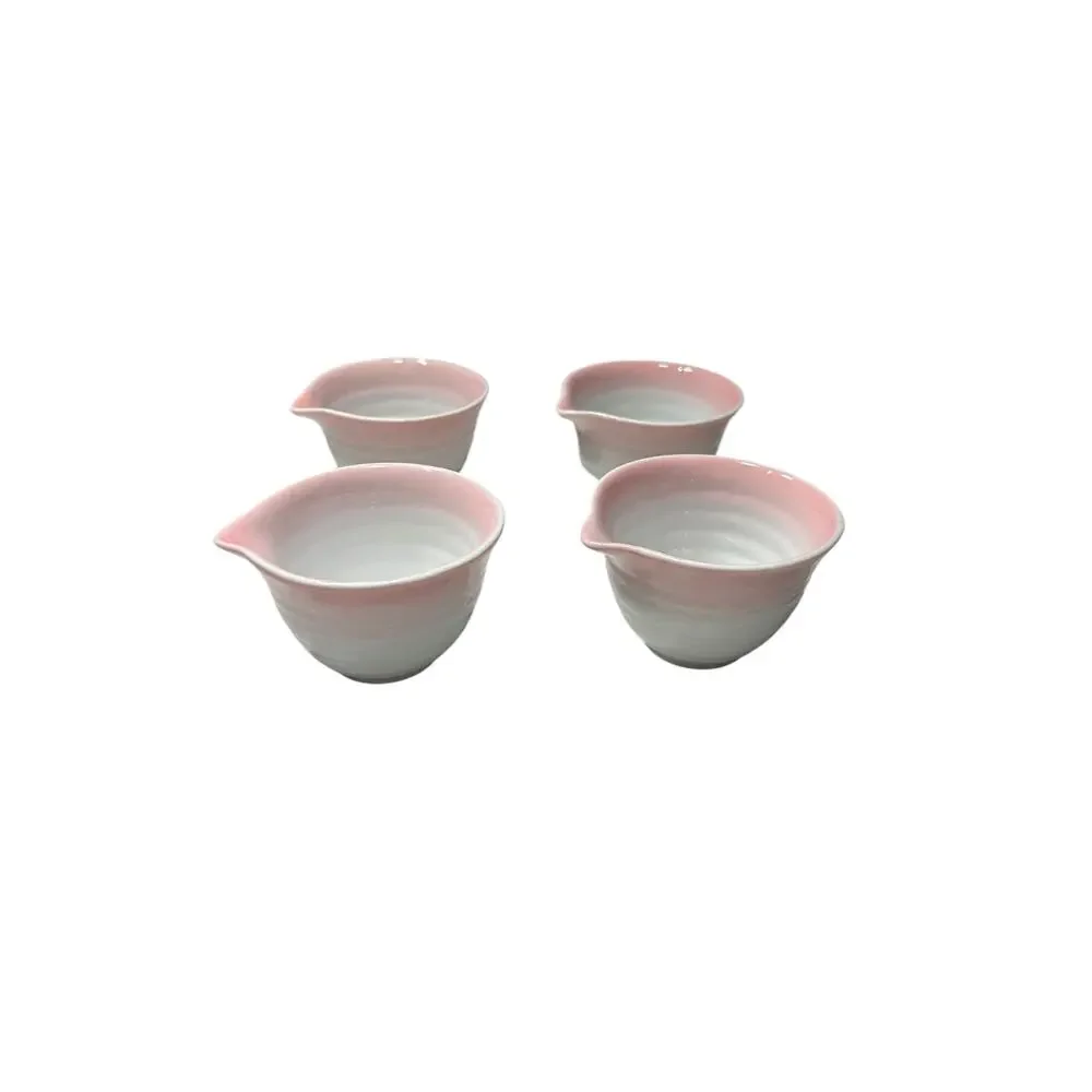 Lot of Four Small Ceramic Spouted Matcha Bowls Pink/White